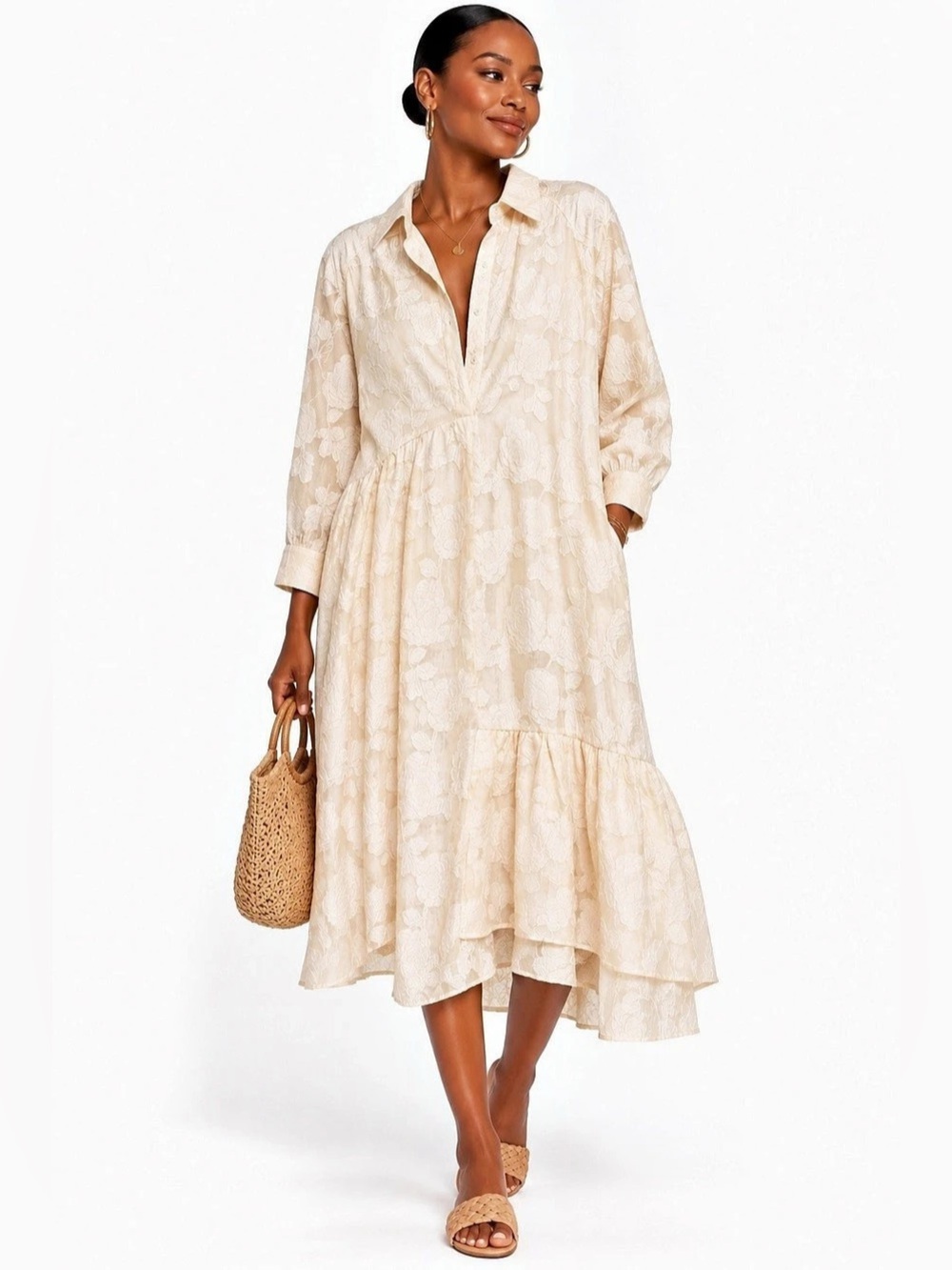 IPEKYOL Floral Tiered Midi Dress in Cream Size 10 Small Flaw